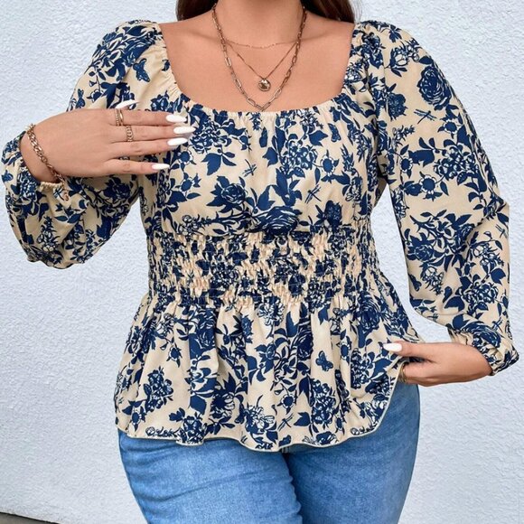 SHEIN CURVE+ Plus Floral Print Lantern Sleeve Peplum Blouse - Picture 3 of 6